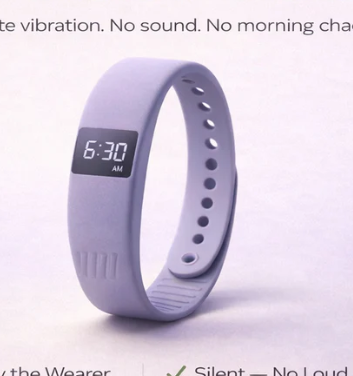 Nymera CalmRise — lavender vibrating alarm bracelet showing 6:30 AM
