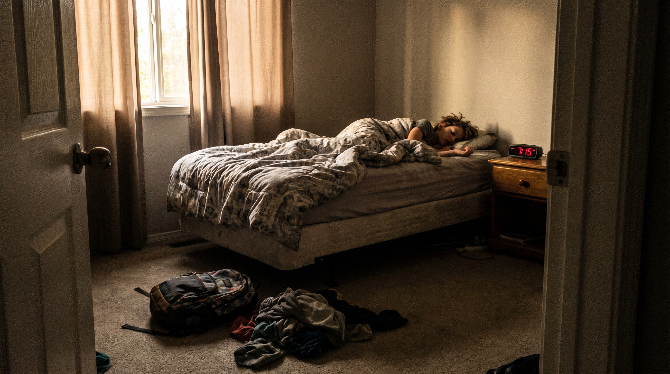Child sleeping in messy bedroom, school backpack on floor, alarm showing 7:15 AM