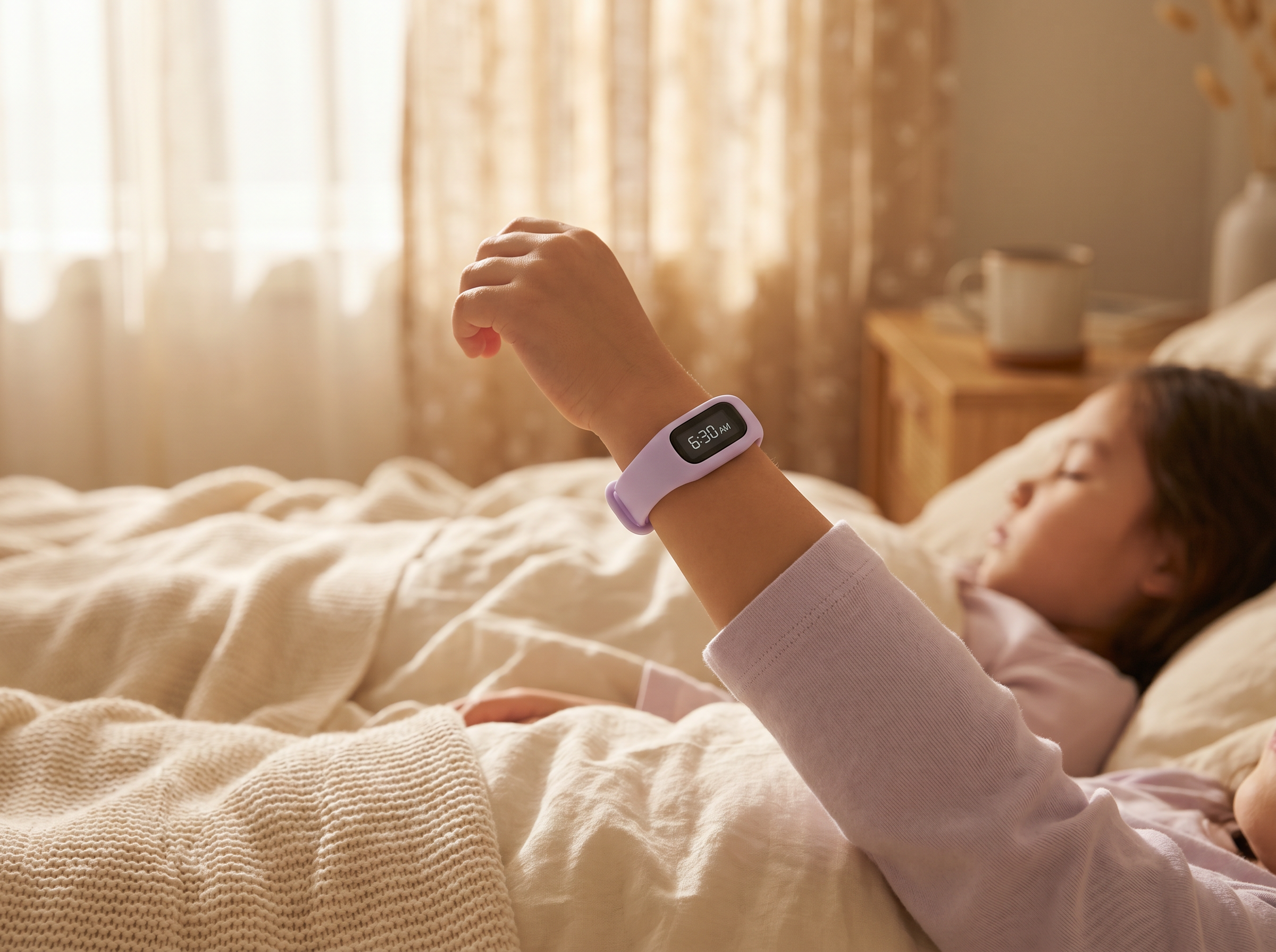 Child waking up peacefully wearing the Nymera CalmRise lavender band showing 6:30 AM